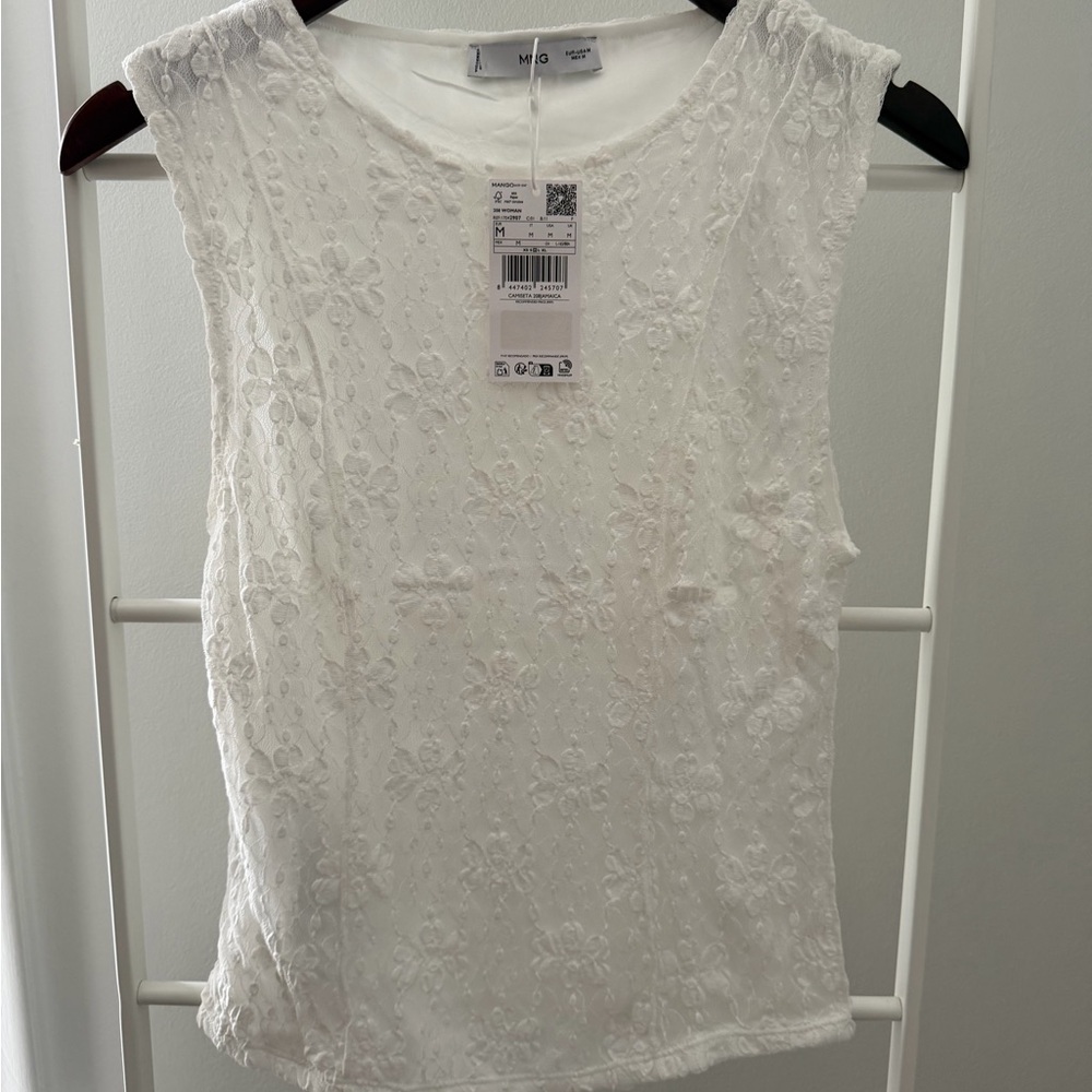 Mango White Floral Lace Tank Top